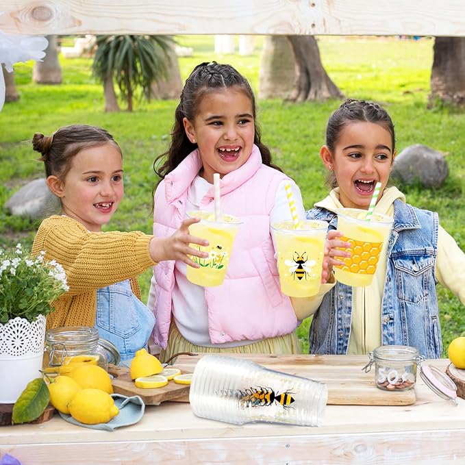 50 Pcs Honey Bee Party Decoration Cups, 12 oz Clear Disposable Drinking Honey Cups, First Bee Day Theme Summer Party Decorations Favors for Home, Kitchen, Baby Shower