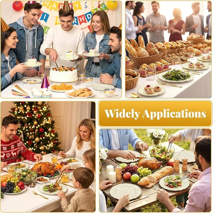 Glowserve 175 Piece Disposable Plastic Plates Dinnerware Set for 25 Guests | 50 Plastic Plates,25 Silverware Set,25 Cups and Napkins,Party Wedding Birthday,Family Gathering,Fancy Plastic Plates