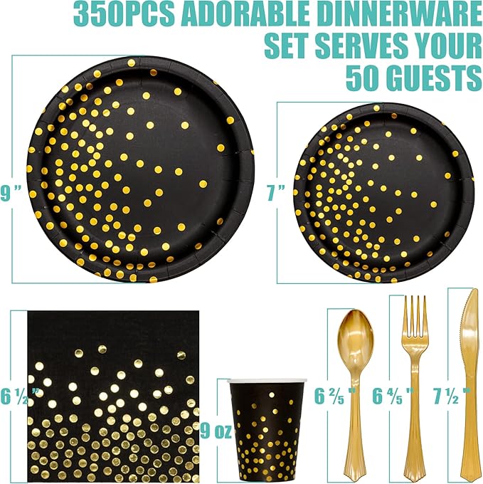 2026 New Years Decorations, 350PCS Black and Gold Party Supplies Disposable Dinnerware Set w/Black Gold Dot Paper Plates Napkins Cups Gold Plastic Fork Knives Spoon for Women Men Birthday Anniversary