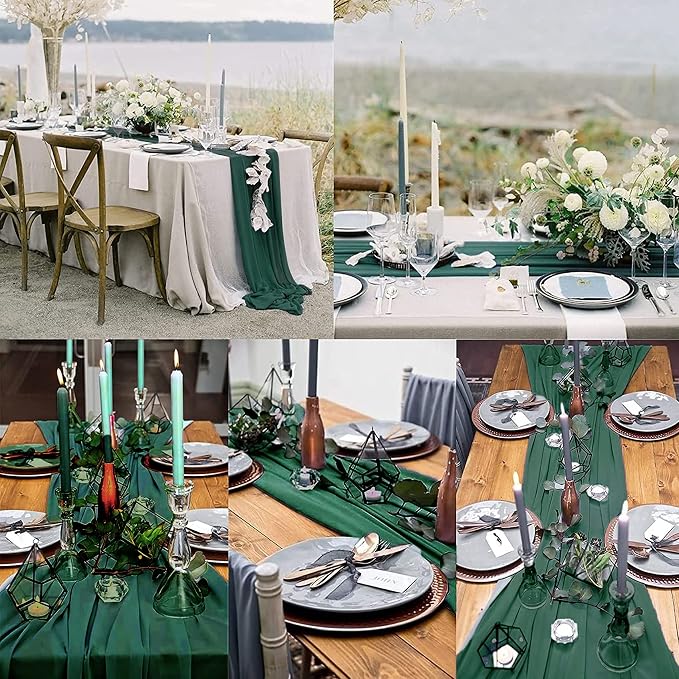 12 Packs Dark Green 10Ft Chiffon Table Runner 27x120 Inches Sheer Chiffon Table Runner Romantic Boho Rustic Wedding Table Runner for Wedding Birthday Party Decor Bridal Baby Shower Table Decoration