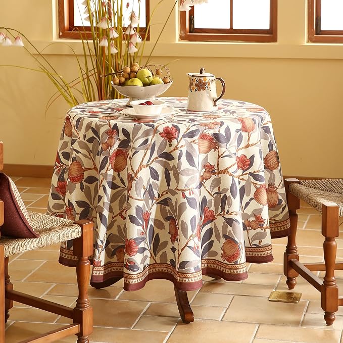 patdrea Vintage French Linen Tablecloth,Round,Diameter 55" | Elegant Beautiful Table Cloth for Round Table,Natural Floral Block Print,for Dining Room Tea Party Thanksgiving