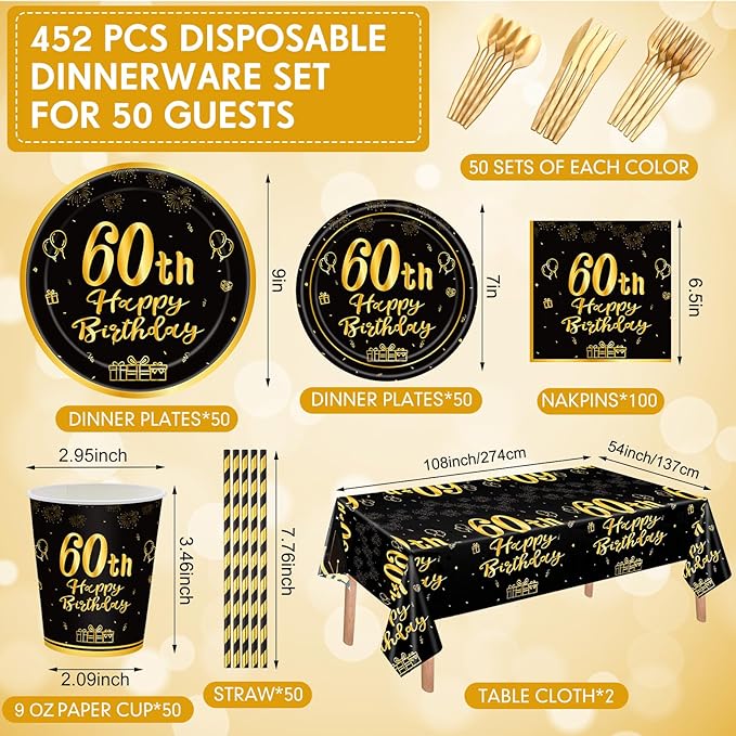 Funnymoom 452 Pcs 60th Birthday Party Decoration Supplies Black and Gold 60th Birthday Paper Plates and Napkins Cups Tablecloth Cutlery Straws Disposable Tableware for Cheers to 60 Years Anniversary