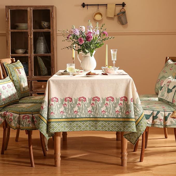 patdrea Vintage French Linen Tablecloth,Rectangular,94"x63"-Cecilia D | Colorful Elegant Large Table Cloth for Rectangle Table,Floral Vine Patterned,Dining Room Tea Party Thanksgiving Decor