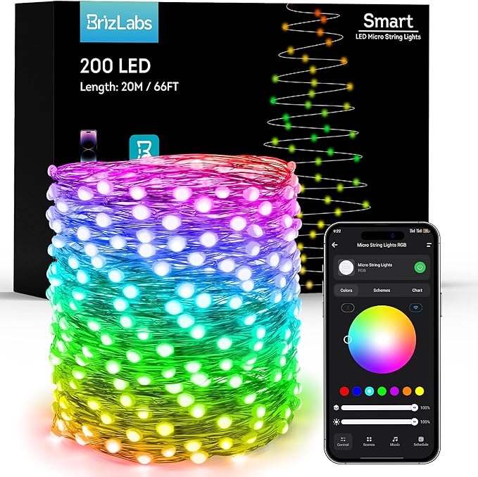 BrizLabs Smart Fairy Lights, 66ft 200 LED July 4th Lights Work with Alexa & Google Home, Patriotic Fairy Light Red White & Blue String Lighting Green Wire for 4th of July Christmas Halloween Party