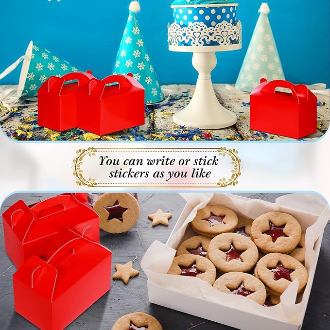 36 Pcs Party Favor Treat Boxes, Goodie Candy Gable Paper Gift Boxes with Handles for Birthday Wedding Shower Christmas Party Supplies, 6 x 3.5 x 3.5 Inches(Red)