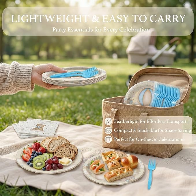 Teddy Bear Baby Shower Plates and Napkins Set for Boy – We Can Bearly Wait Baby Shower Decorations – Serves 20, Paper Plates, Napkins – Bear Party Supplies Decorations Tableware for Birthday