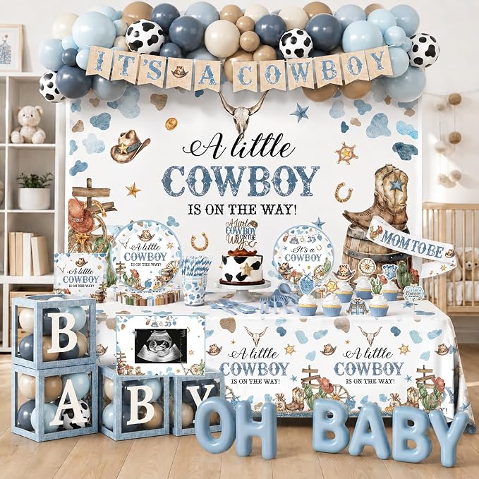 Cowboy Baby Shower Party Decorations for Boy A Little Cowboy is on the Way Disposable Paper Plates,Balloons Arch,Napkin,Cake Topper,Backdrop,Tablecloth,Banner for Wild West Baby Shower Party Supplies