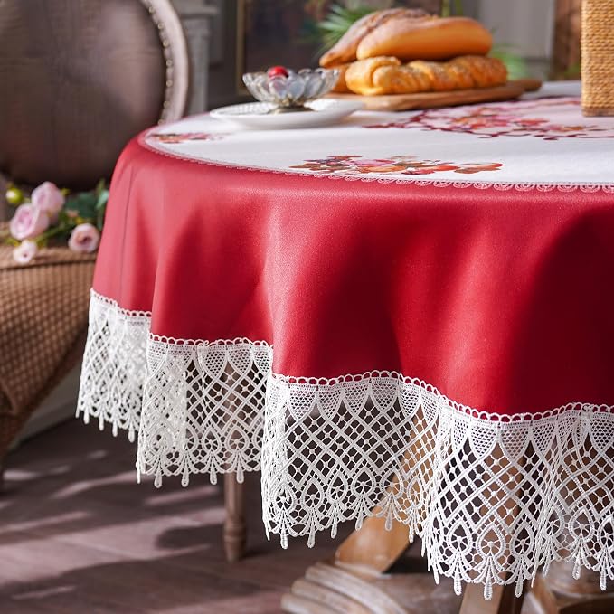 ARTABLE Round Tablecloth Lace Rustic Macrame Embroidered Table Cloths for Harvest Dresser Decor Farmhouse Kitchen Home (Burgundy, 60" Round)