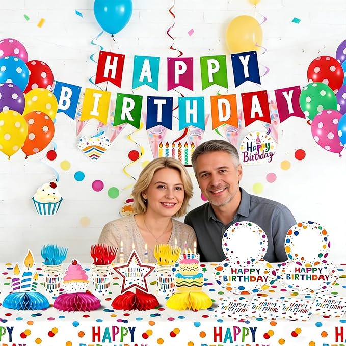 Colorful Dots Party Decorations,155pcs Happy Birthday Themed Party Decorations Include Tablecloth,Plate and Napkin,Cup,Fork,Banner,Balloon,Honey Comb ,Hanging Swirls, Colorful Party Supplies Serve 24