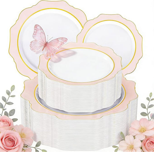 WDF 100PCS Pink Plastic Plates - Heavy Duty Pink and Gold Disposable Plates - Include 50 Dinner Plate and 50 Cake Plastic Plate for Baby Shower/Wedding/Spring/Bridal Shower/Tea Party/Mother's Day
