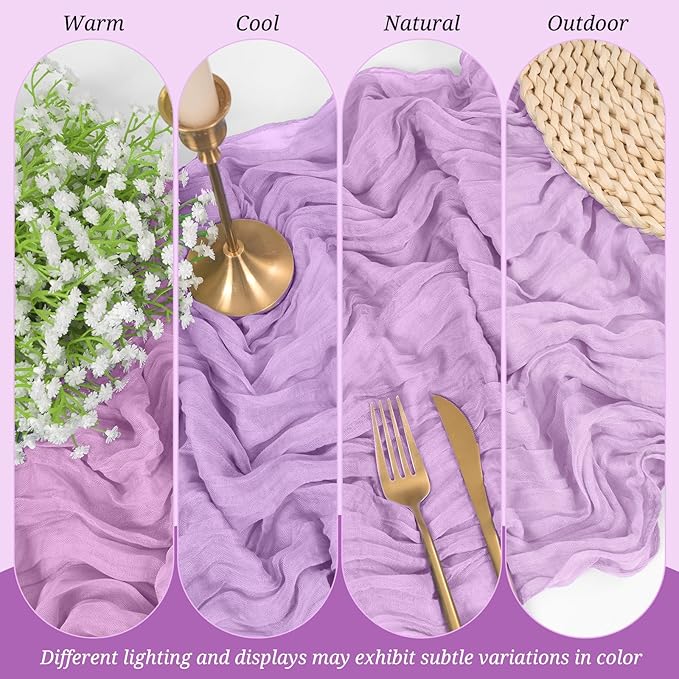 20 Pack Cheesecloth Table Runner Light Purple, Rustic Boho Gauze Fabric Table Runner Romantic Table Runner for Wedding, Festival, Birthday, Anniversary, Dinner and Outdoor Events (17.7 x 108 inch)