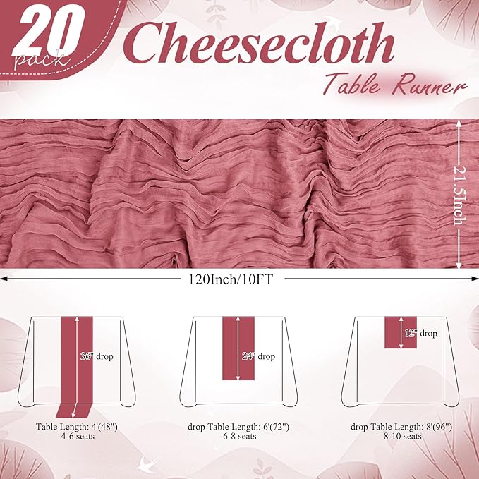 8 Pack Dusty Rose Cheesecloth Table Runner 10FT Long Boho Gauze Fabric Table Runner Vintage Rustic Sheer Runners for Wedding Party Bridal Baby Shower Table Decorations