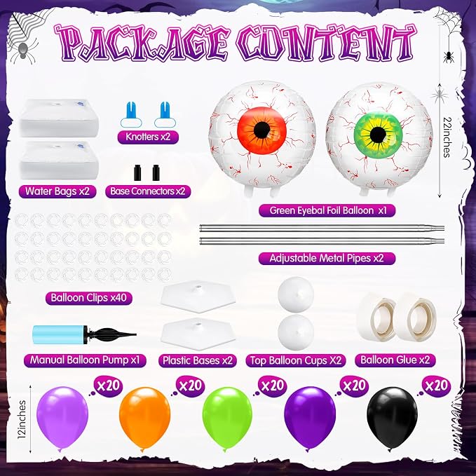 Kasyat 2 Set Halloween Eyeball Balloon Column Stand Kit with Red Green Eyeball Foil Balloon Orange Purple Green Black Arch Garland Kit for Spooky Birthday Party Halloween Theme Decoration