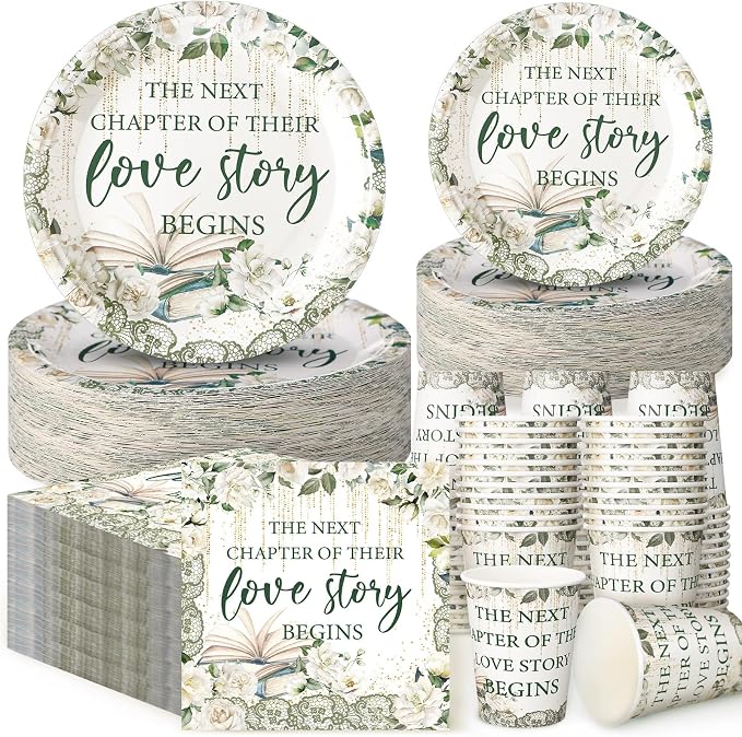 Zhehao 200 Pcs Bridal Shower Party Supplies Engagement Paper Plates Napkins Set for 50 Guests Spring Wedding Party Supplies Wedding Paper Plates with Flower (Next Chapter of Love)