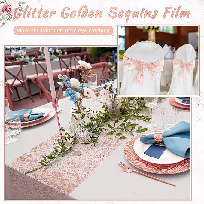 Chumia 12 Pieces Rose Gold Table Runner 12 x 85 Inch Sequin Glitter Table Runner Roll Metallic Thin Mesh Fabric Decor for Party Wedding Shower Birthday Baby Shower Party Supplies