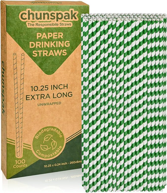 Eco-friendly 10.25 Inch Long Disposable Paper Drinking Straws 6mm Wide [100 Pack] - Green/White Striped