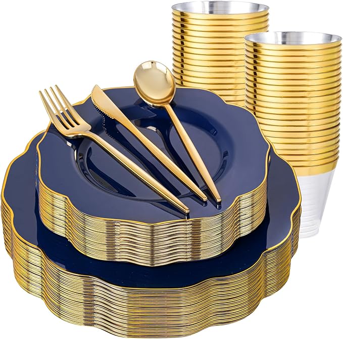 bUCLA 180PCS Blue Plastic Plates - Navy Blue and Gold Rim Disposable Include 30 Each (Dinner & Dessert) Plates, 30 Knives, 30 Forks, 30 Spoons and 30 Cups, Ideal for Party, Gathering & Graduation
