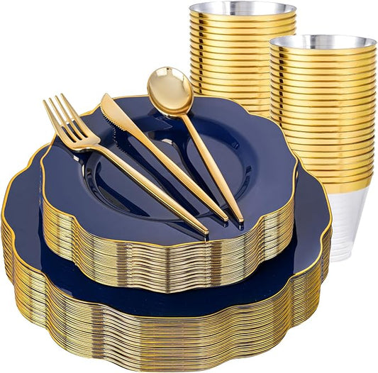 bUCLA 180PCS Blue Plastic Plates - Navy Blue and Gold Rim Disposable Include 30 Each (Dinner & Dessert) Plates, 30 Knives, 30 Forks, 30 Spoons and 30 Cups, Ideal for Party, Gathering & Graduation