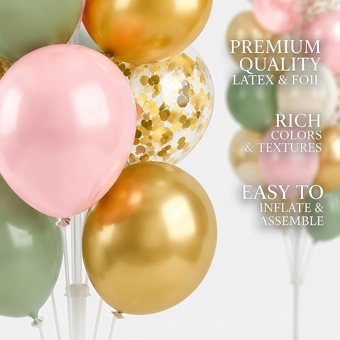 Hiins Balloon Column Kit Set of 2 With Balloons Included - with Base, and Pole,Balloon Tower Backdrop Decoration for Wedding, Baby Shower, Birthday Party, or Bachelorette Parties (Sage Green Gold)