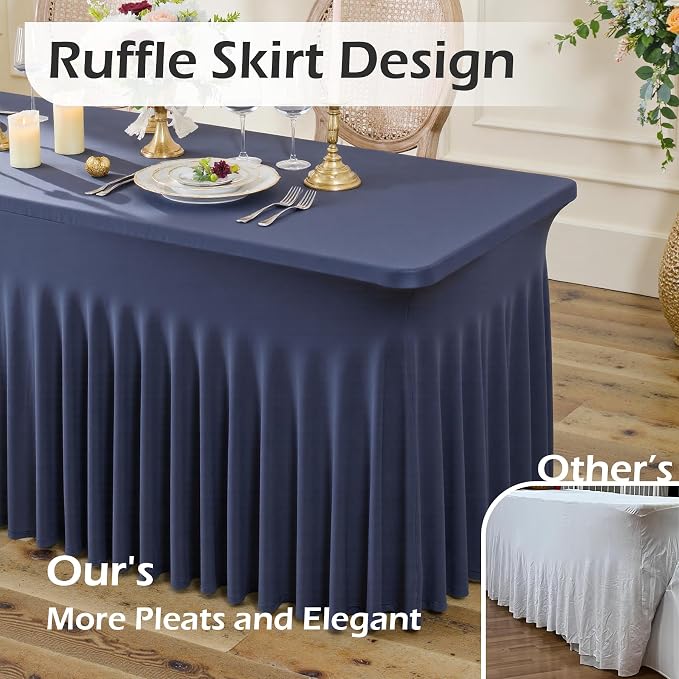 2 pk Navy Blue Spandex Tablecloth 8ft With Ruffle Table Skirt, Wrinkle Free Stretchy Fitted Tablecloths for 8 Foot Rectangle Tables, Elastic Spandex Table Covers 8ft for Weddings Parties Banquet Craft
