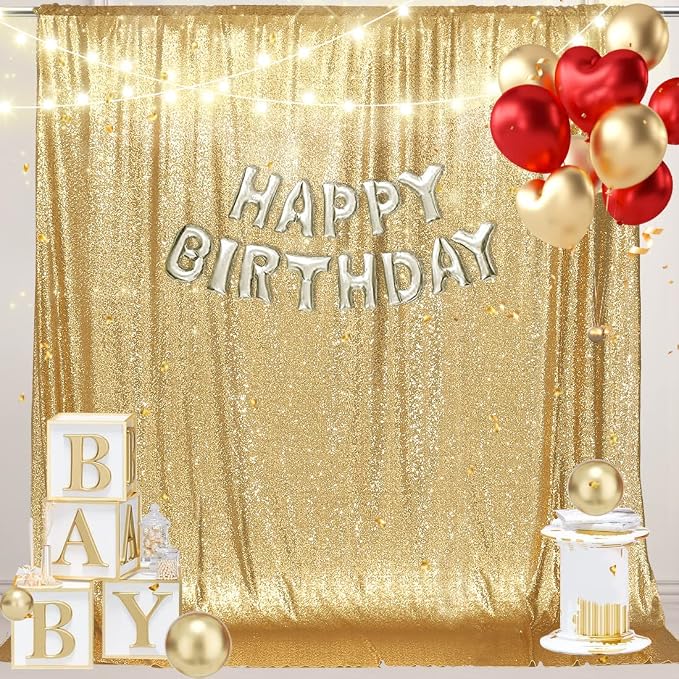PartyDelight Gold Sequin Backdrop 6x8ft 4 Inch Rod Pocket | Dense 3mm sequins on mesh backing with 4 inch rod pocket for full body photos ceremony arches party walls and stage displays