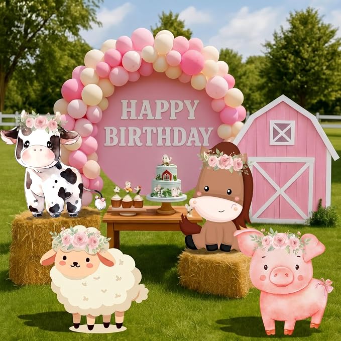 Gemscream 4 Pcs Large Pink Farm Animals Decorations 22.4 Inch Cute Animal Cutouts Cartoon Backdrop for Farm Birthday Party Supplies Baby Shower Decorations Photo Booth Props Gifts