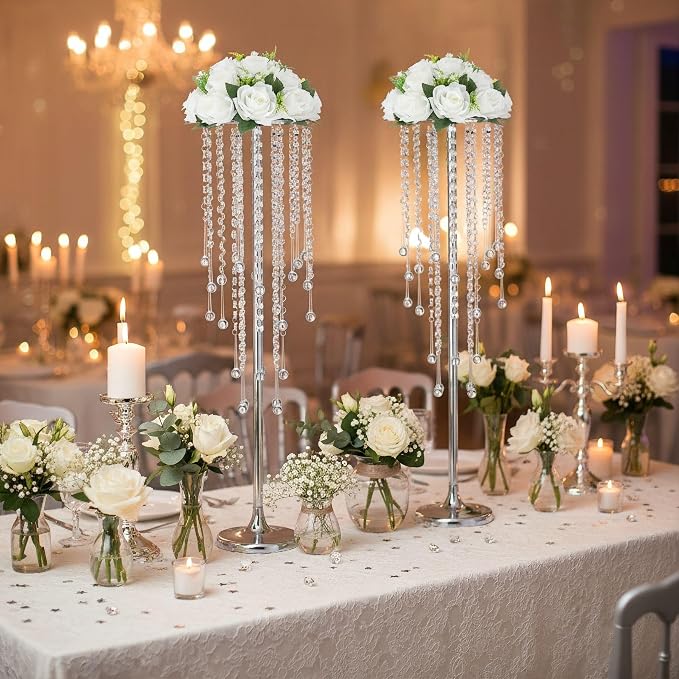 Bigsee 2 Pcs 29.5 inches Crystal Flower Stand Wedding Centerpieces for Tables, Tabletop Silver Metal Flower Arrangement Holder, Bulk Metal Vases for Reception Ceremony Decoration