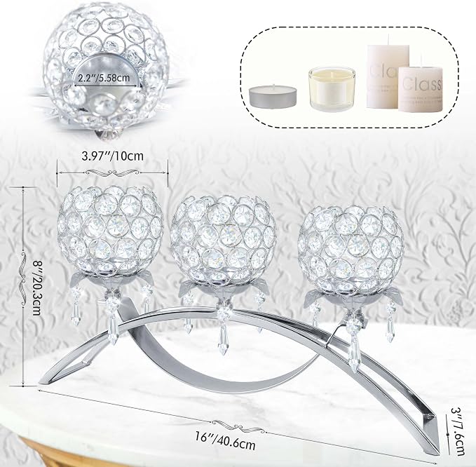 Crystal Tea Light Candlestick Holders Flower Shape with Crystal Pendant Bowl Votive Metal Candle Holder for Table Centerpieces Wedding Home Decor (Silver, 3 arm)