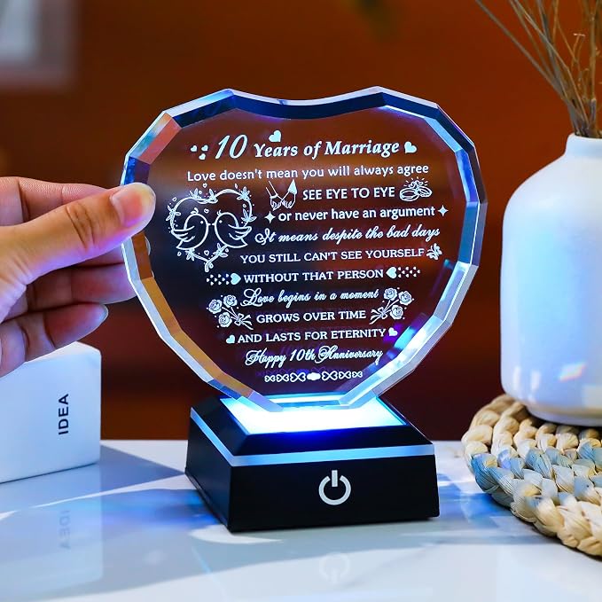 Arikyrist 10th Wedding Anniversary Crystal Heart Gifts for Couple, Laser Engraved Happy 10th Anniversary Crystal Gifts for Wife Husband, Romantic 10 Years of Marriage Gift for Him Her Friends