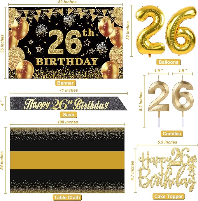 26th Birthday Decorations Men Women with 26th Birthday Banner, Black and Gold Table Cloth, Number Balloons, Large Sash, Cake Topper and Candles