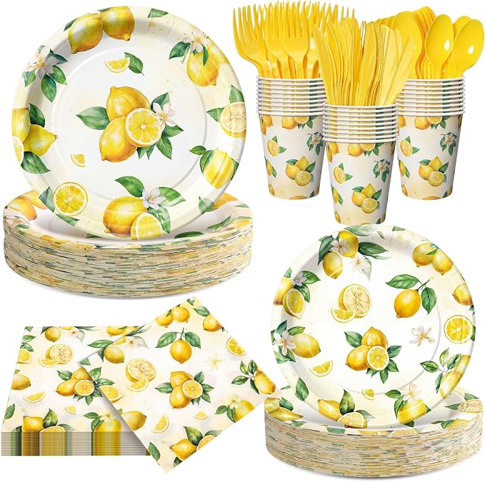 Honeydak 210 Pcs Lemon Party Supplies for 30 Guests Summer Lemon Birthday Plates Napkins and Forks Cups Tableware for Citrus Yellow Baby Shower Bridal Shower Decorations