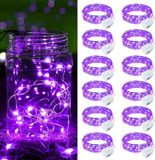 12 Pack Purple Fairy Lights Battery Operated, 7ft 20 LED Mini String Twinkle Lights for Easter Christmas Halloween Mason Jars Centerpiece Table Decorations (12, Purple)