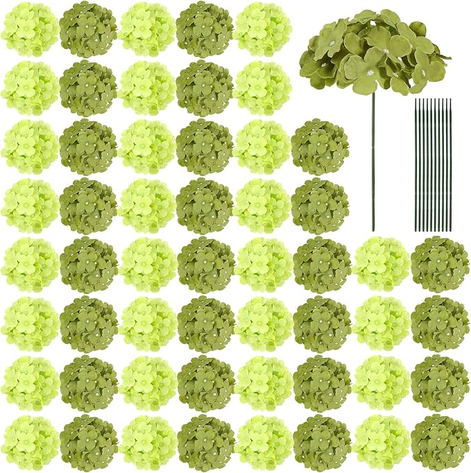 Auihiay 64Pcs Hydrangea Artificial Flowers Bulk, Faux Hydrangea Flowers Heads with Stems for Spring Wedding Garden Kitchen Counter Housewarming Home Party Decor(Mixed Green)