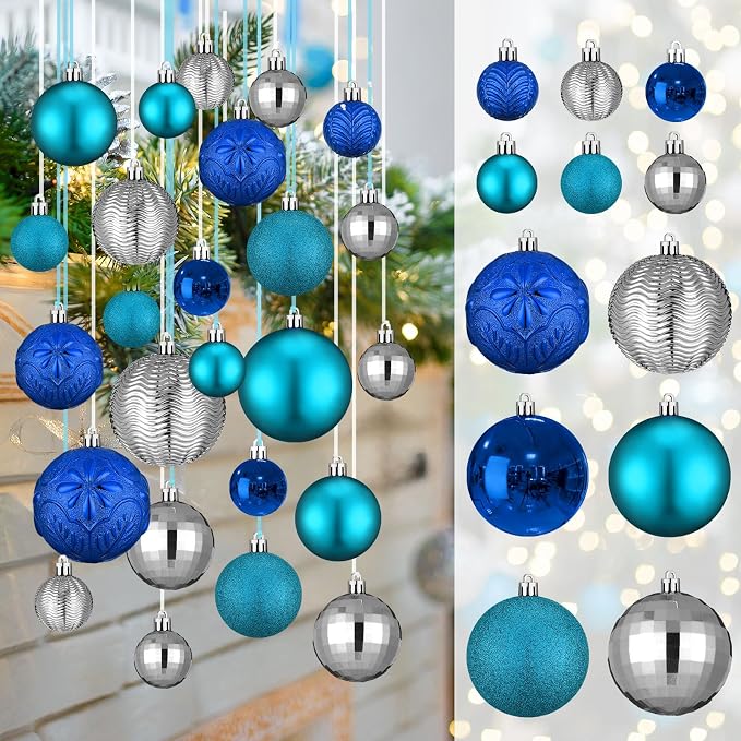 36 Pcs Christmas Balls Ornaments for Ceiling, 1.6'' 2.4'' 3.2'' Large Big Shatterproof Christmas Hanging Decorations Balls for Tree Xmas Holiday Party Indoor(Lake Blue, Navy Blue, Silver)