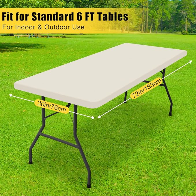 Smiry 3 Pack Rectangle Table Cloth, Elastic Fitted Flannel Backed Vinyl Tablecloths for 6ft Folding Tables, Waterproof Wipeable Table Covers for Indoor, Outdoor, Camping and Picnic (Beige, 30"x72")