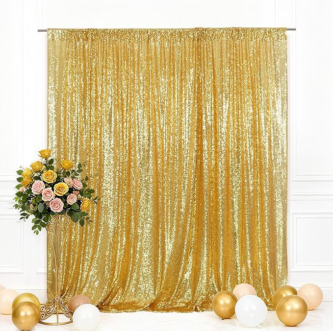 Eternal Beauty Gold Sequin Backdrop, 8x8 Ft Glitter Background Curtains for Mother's Day Shimmer Photography Party Wedding Birthday Back Drop Decor