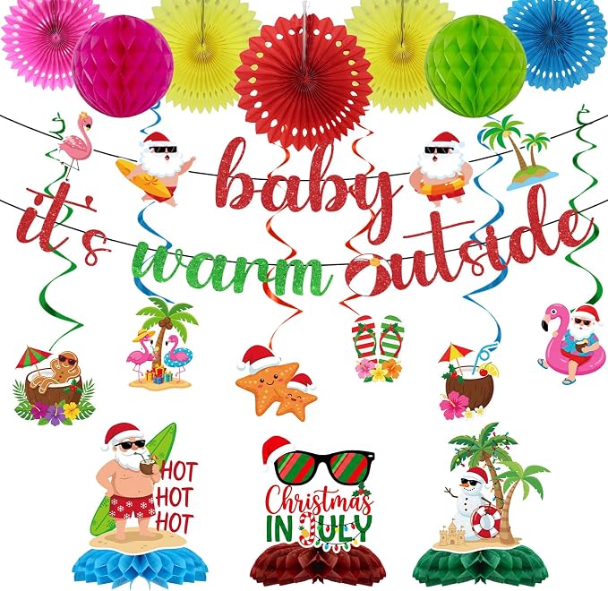 Rakuto July in Christmas Party Decorations, 18PCS Summer Santa in July Beach Banners Hanging with Swirls Decoration, Mele Kalikimak Paper Fans Poms and Honeycomb Centerpieces Decor Supplies