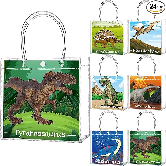Teenyyou 24 Pcs Dinosaur Clear Gift Bags with Handles Cute Dinosaur Party Favor Candy Snack Treat Bags for Birthday Baby Shower Dino Theme Party Supplies