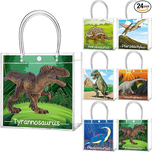 Teenyyou 24 Pcs Dinosaur Clear Gift Bags with Handles Cute Dinosaur Party Favor Candy Snack Treat Bags for Birthday Baby Shower Dino Theme Party Supplies