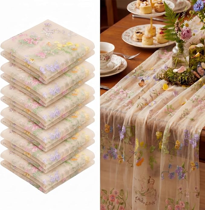 Champagne Floral Table Runner 10ft Embroidery Tulle Spring Wildflower Gauze Table Runner Seasonal Summer Butterfly Kitchen Dining Decoration for Wedding Baby Shower Birthday Party (6 Pcs)
