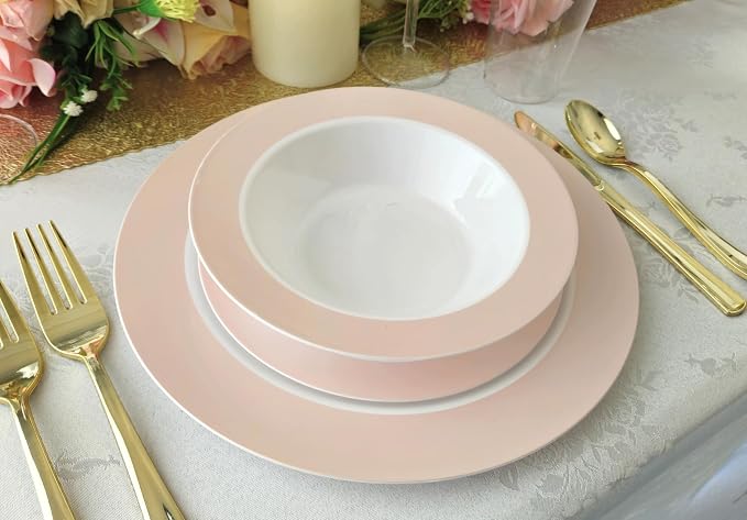" OCCASIONS " 100 Plates Pack,(50 Guests) Heavyweight Wedding Party Disposable Plastic Plates -50x10.25'' Dinner+50x7.5'' Salad/Dessert (Rio Collection White & Pearled Pink Blush)
