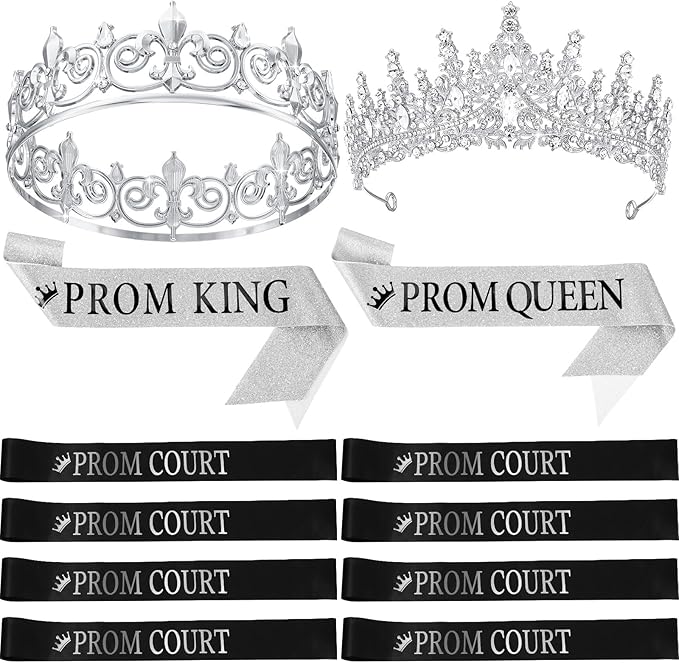 Saintrygo 12 Pcs Prom Crown and Sash Set, Prom King and Queen Tiara Rhinestone Crown Glitter Court Royal Satin Sash for 2026 Graduation Ball Dance Night Party Birthday Accessory(Silver,Classic)