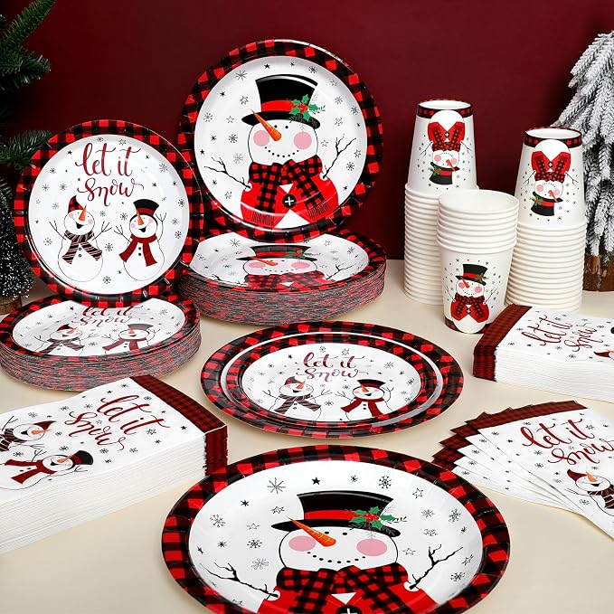 Funnymoom 250 Pcs Winter Snowman Paper Plates and Napkins Party Supplies Red Black Buffalo Plaid Winter Disposable Tableware Set for Christmas Holiday Party Decoration