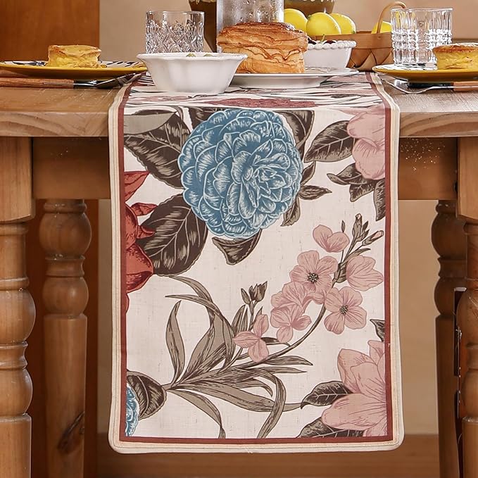 bilin gaier Linen Floral Table Runner 87 Inches Long,Vintage Rustic Farmhouse Blue and Red Flower Table Runners,Table Decoration for Coffee & Dining Table Home Party Kitchen.12 x87-Burgundyred