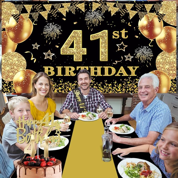 41st Birthday Decorations Men Women with 41st Birthday Banner, Black and Gold Table Cloth, Number Balloons, Large Sash, Cake Topper and Candles