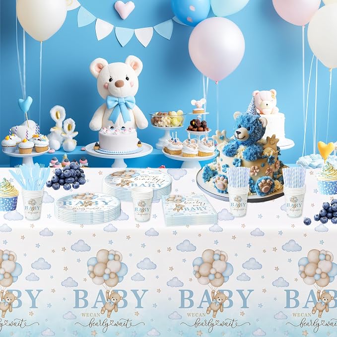 Bear Baby Shower Decorations Boy Tableware - Blue Bear We Can Bearly Wait Baby Shower Decorations Party Supplies, Paper Plate, Napkin, Cup, Cutlery, Tablecloth, 24 Guests