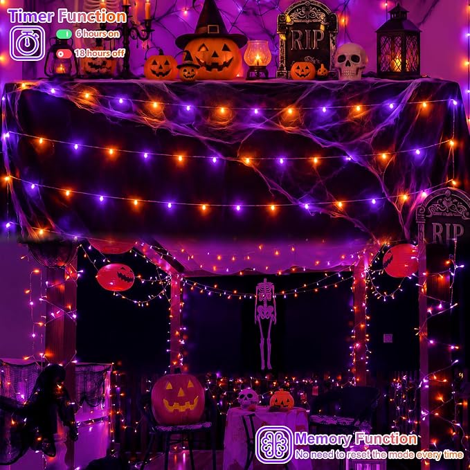 QITONG 2 Pack Battery Operated Halloween Lights, Each 33ft 100 LED Orange and Purple String Lights Outdoor Waterproof with Remote, Clear Wire Christmas Twinkle Lights with 8 Modes Indoor