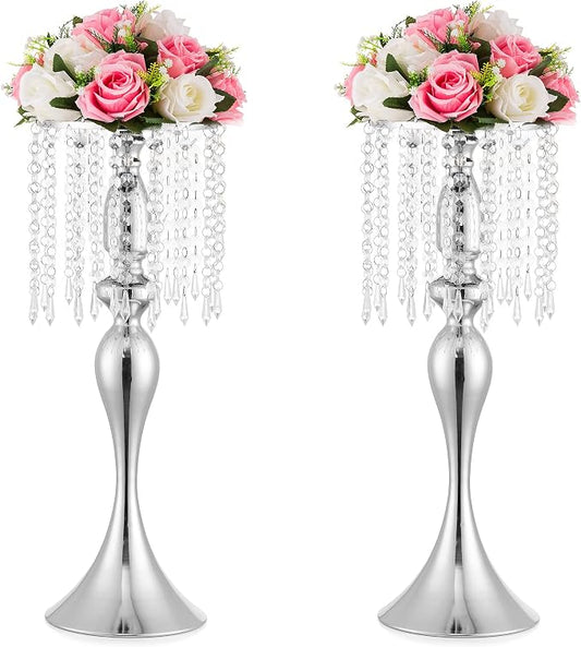 Silver Vase Stand Table: 21.3in Wedding Centerpieces, Set of 2 | High End Crystal Design Vase Stand for Wedding Party Reception Birthday Event Home, Tall Table Center Piece