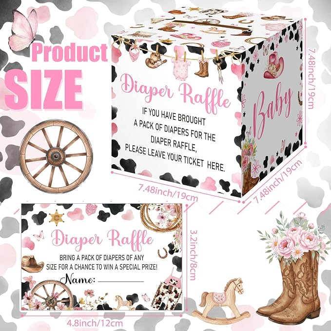Teling 51 Pieces Diaper Raffle Tickets with Card Box Baby Shower Decorations Gender Reveal Holder Box for Girl Boy Diaper Raffle Party (A Little Cowgirl is on the Way)