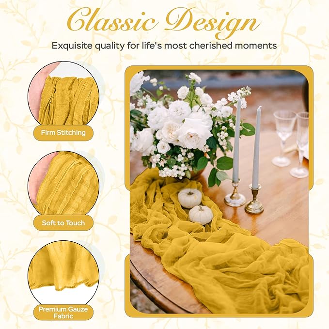 Cheesecloth Table Runner 8 Pack – 35x120 Inch (10ft) Boho Rustic Gauze Cloth Runners – Crinkle Polyester Table Decor for Wedding, Baby Shower, Bridal Shower, Birthday Party and More (Gold Yellow)